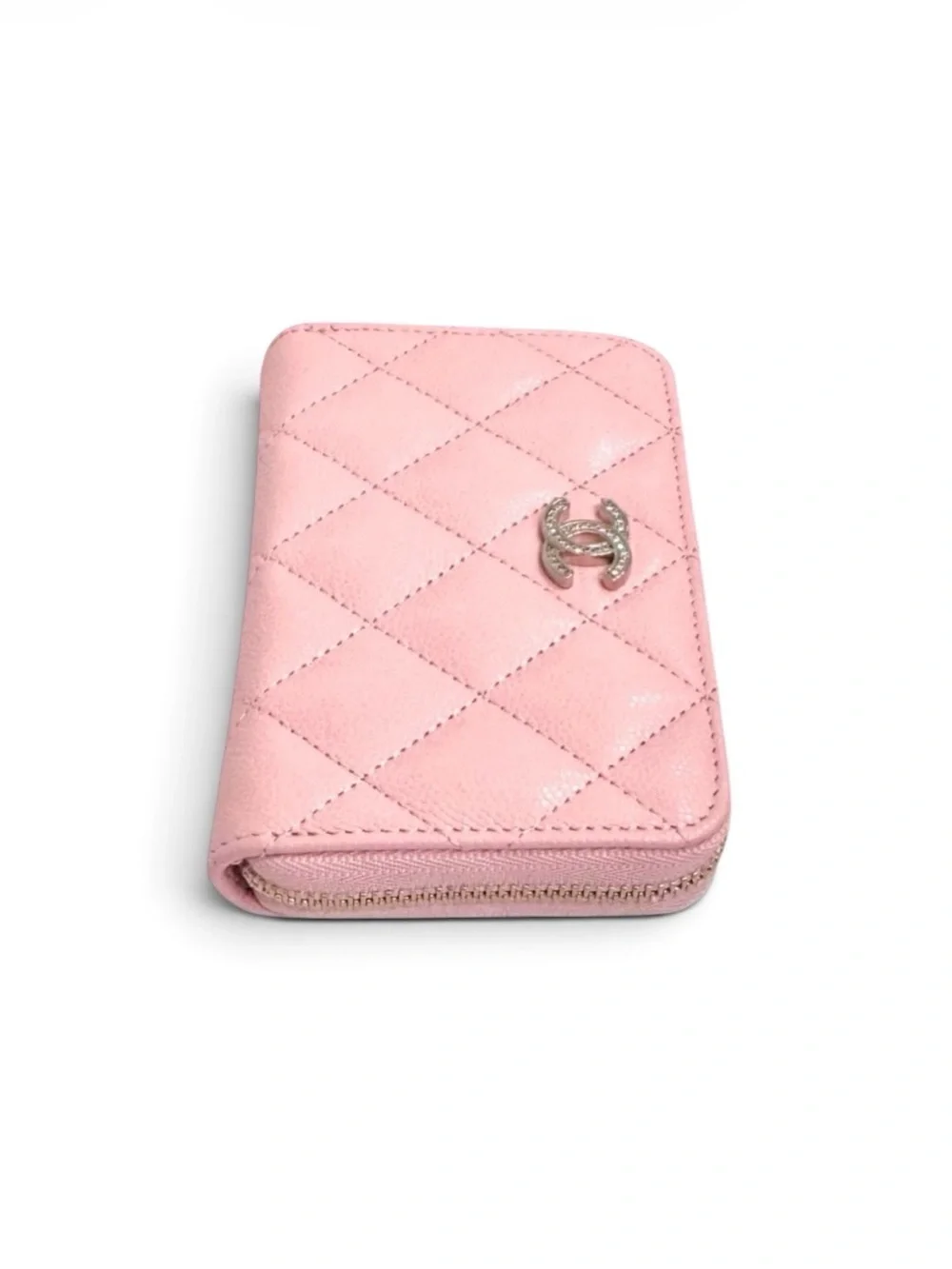 🆕💗CHANEL Grained Calfskin (CAVIAR) Zipped Coin Purse Strass CC Logo GHW • PINK